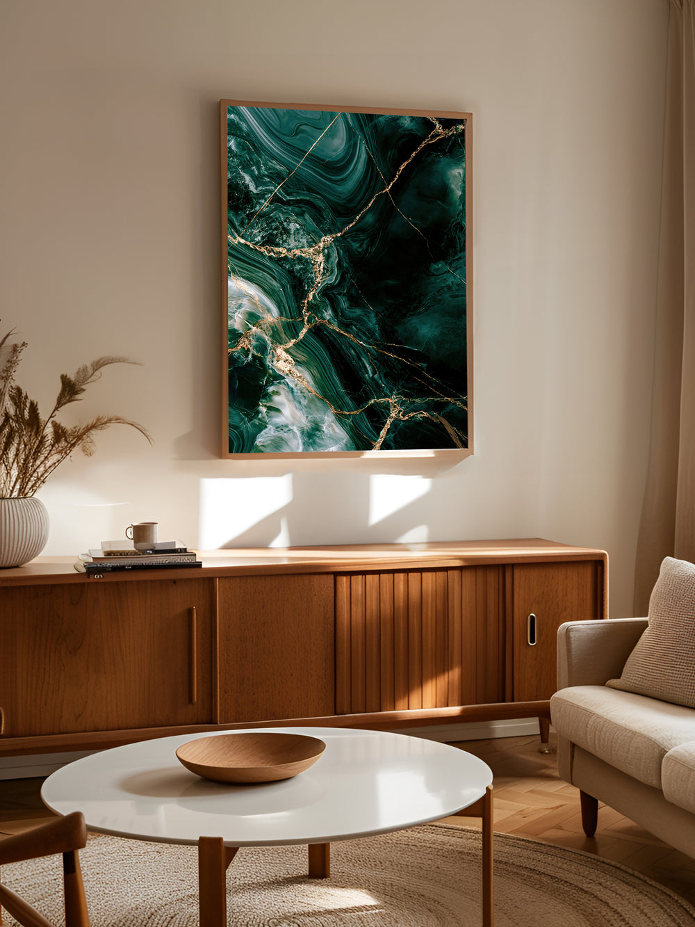 Dybets Kald plakat fra Smaragd Årer over en sofa i en lys stue