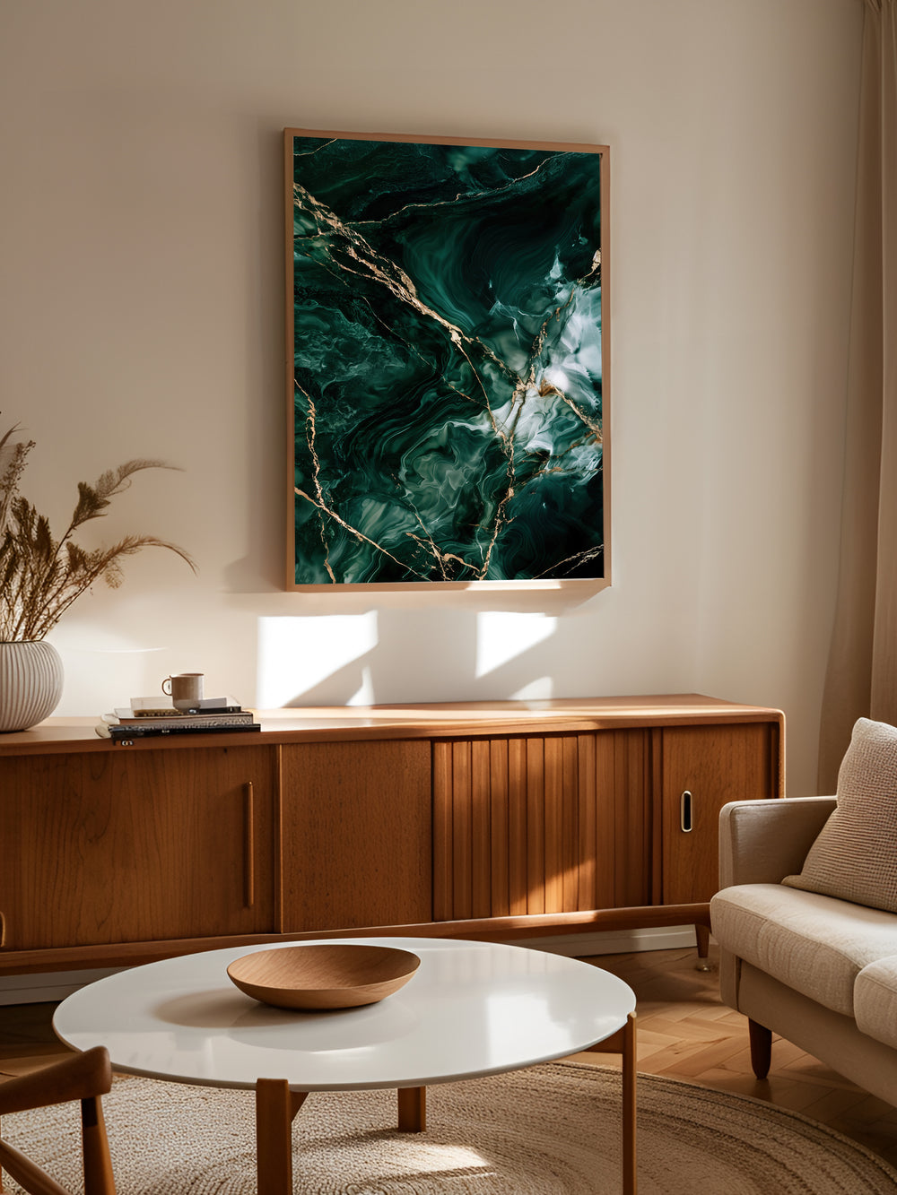 Guldets Ekko plakat fra Smaragd Årer over en sofa i en lys stue