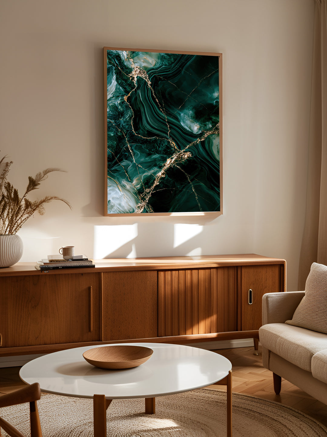Gyldne Veje plakat fra Smaragd Årer over en sofa i en lys stue